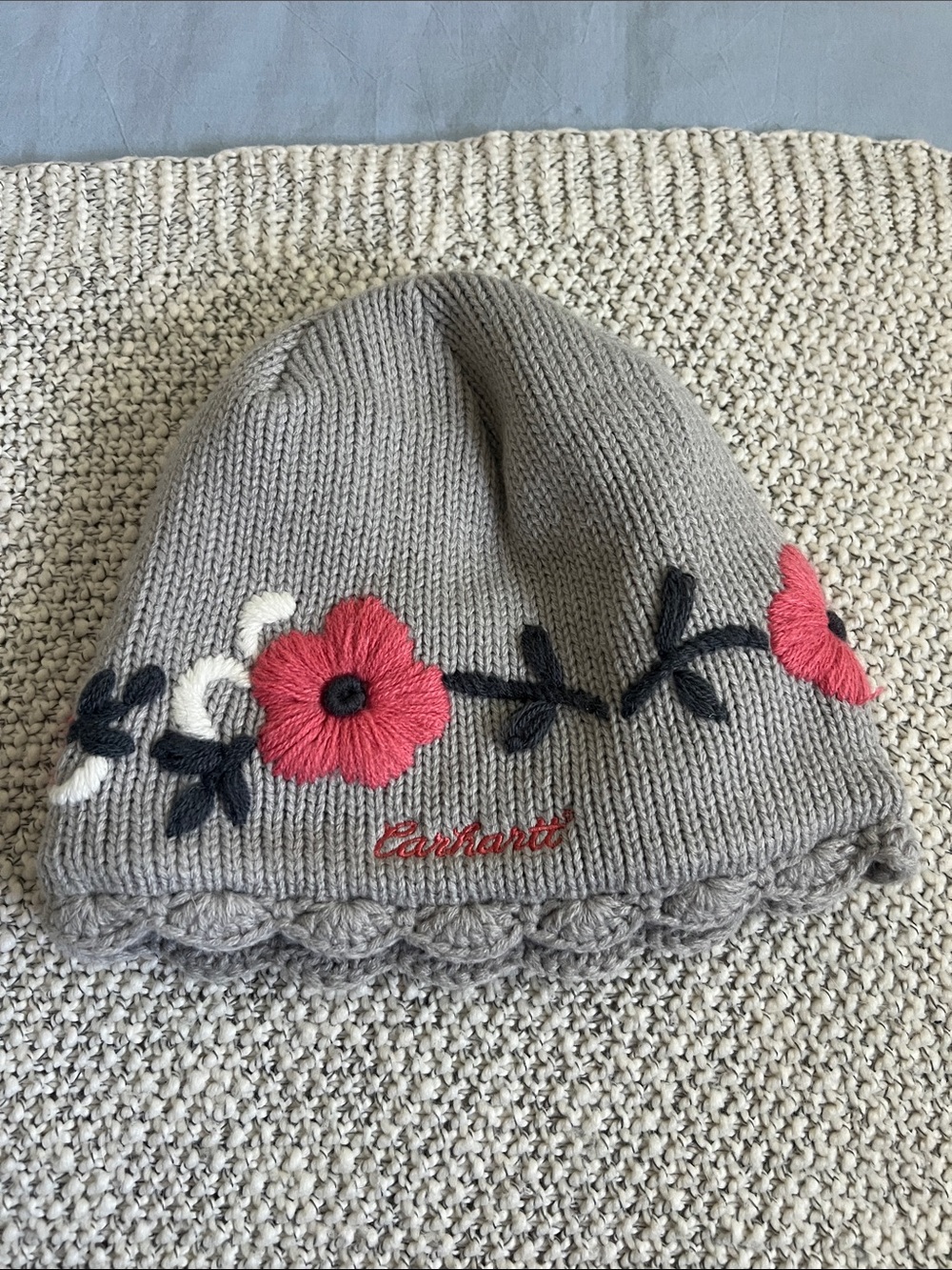 Carhartt Women’s Grey Knit Beanie with Pink Floral Embroidery